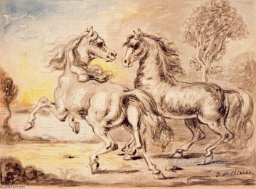  horses Oil Painting - GIORGIO DE CHIRICO TWO HORSES IN A TOWN